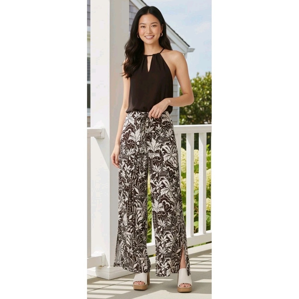 Bila Wide Leg Boho Print Pull On Pants Slits Tie Front Waist Medium NWT $64